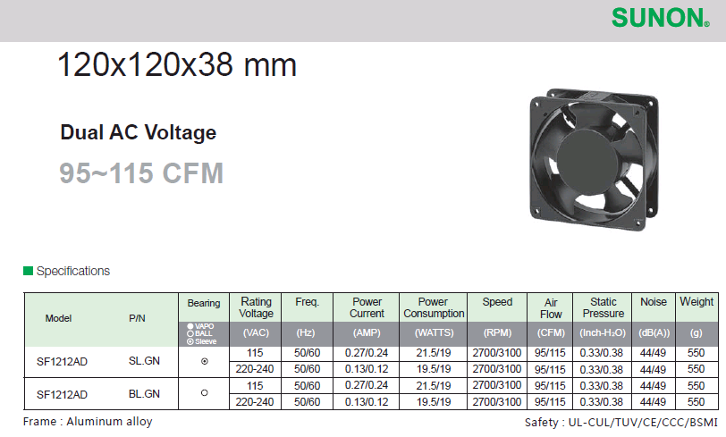 建準SUNON AC Dual Voltage Fan 120x120x38 mm